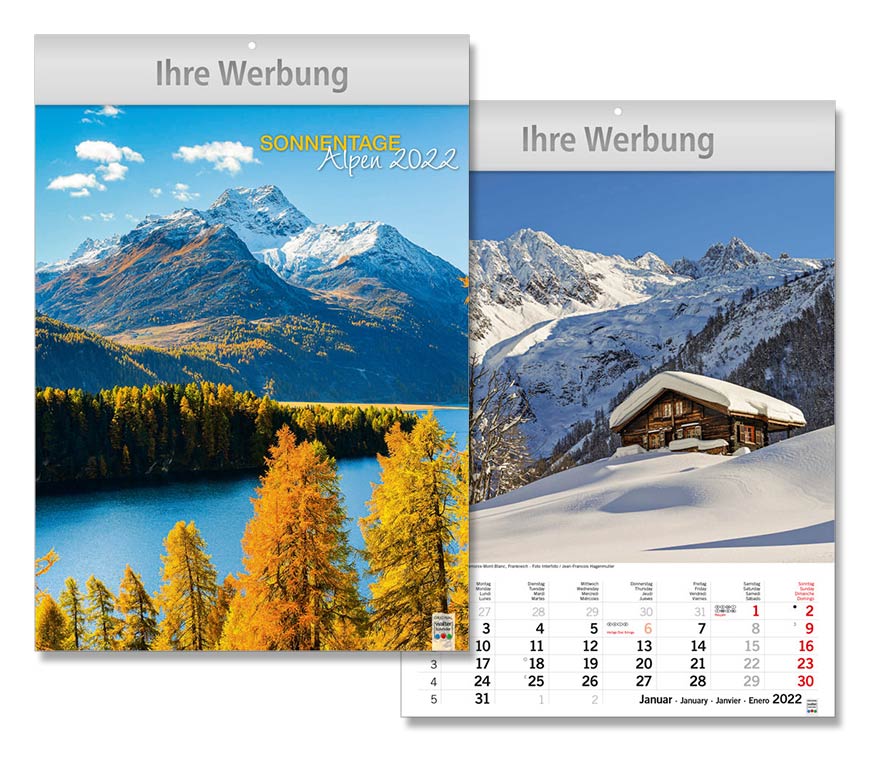 Bildkalender "Sonnentage" 2022 im Kleinformat mit alpinen Motiven im Kreislauf der vier Jahreszeiten bei Schuler Werbemittel