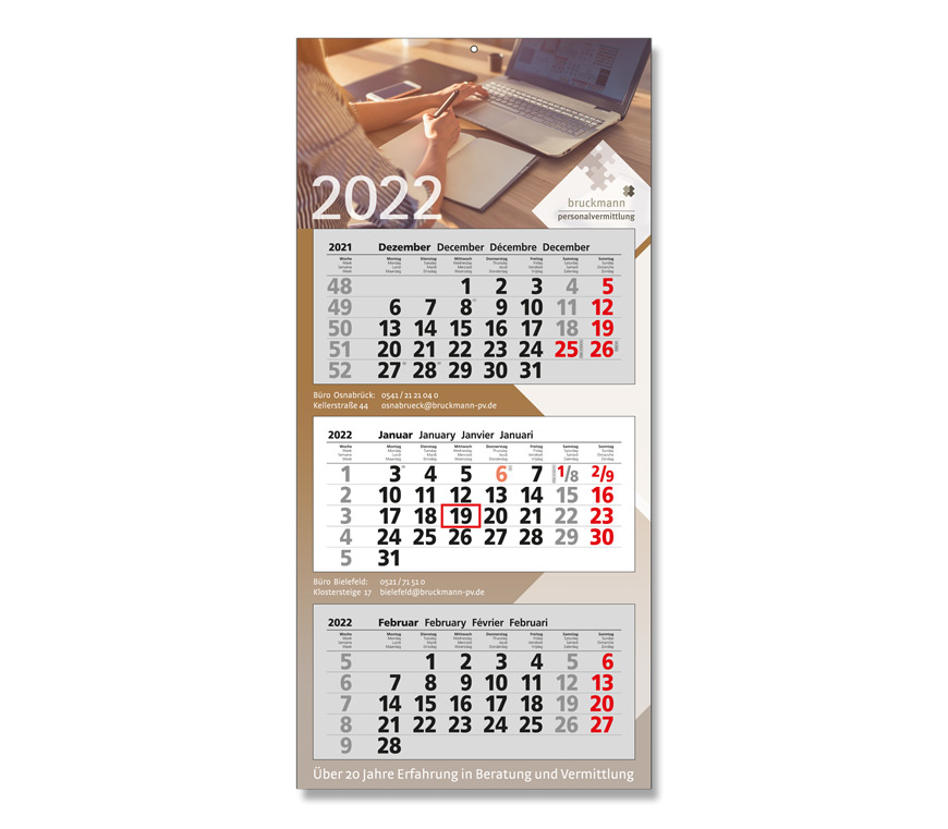 Drei-Monatskalender "Premium 3" für 2022 portooptimiert und mit Metallöse bei Schuler Werbemittel