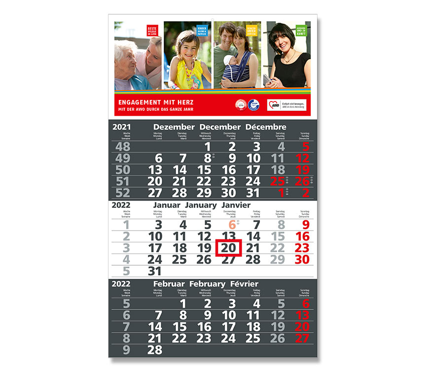 Drei-Monatskalender "Solid 3" für 2022 mit montiertem Datumschieber bei Schuler Werbemittel