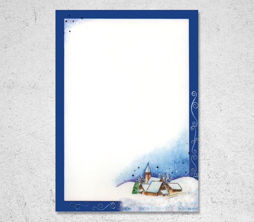 Briefpapier "Verschneites Dorf" in DIN A4 mit blauem Rahmen bei Schuler Werbeartikel