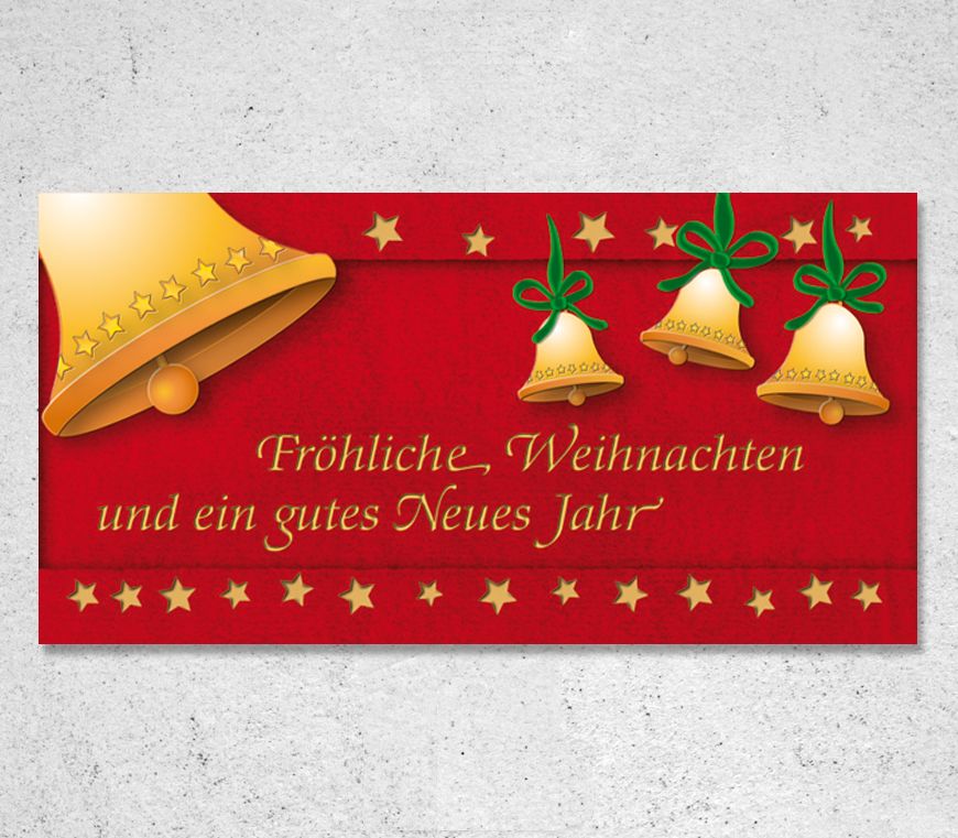 Klappkarte "Weihnachtsglöckchen" mit goldenen Sternen und Glocken bei Schuler Werbemittel