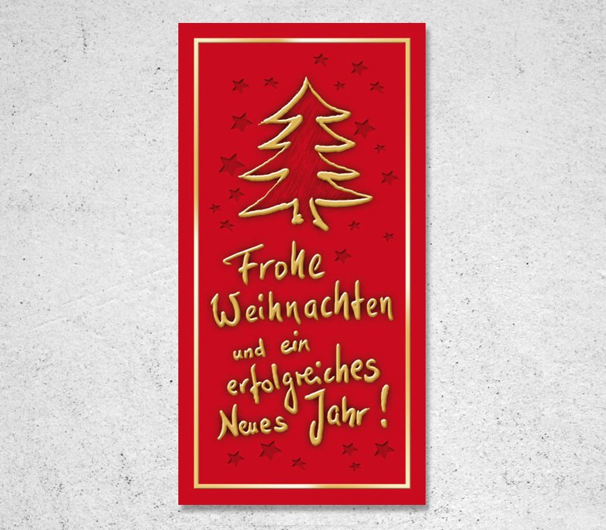 Weihnachtskarte "Goldene Weihnachten" im Hochformat in rot mit goldener Schrift bei Schuler Werbemittel