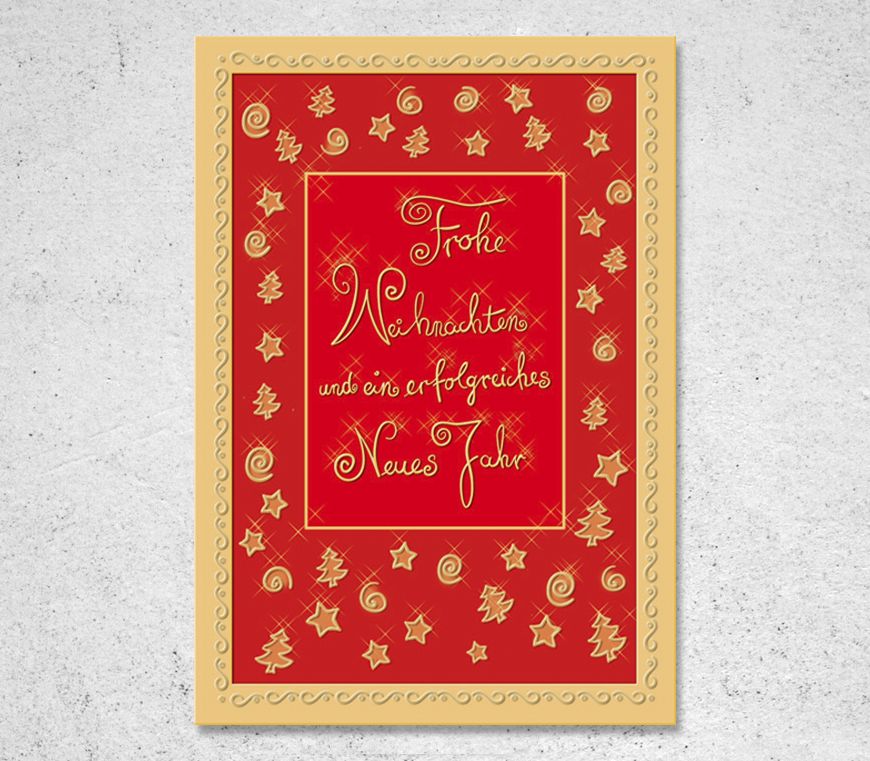 Weihnachtskarte "Nostalgie" in rot/gold im Hochformat bei Schuler Werbemittel