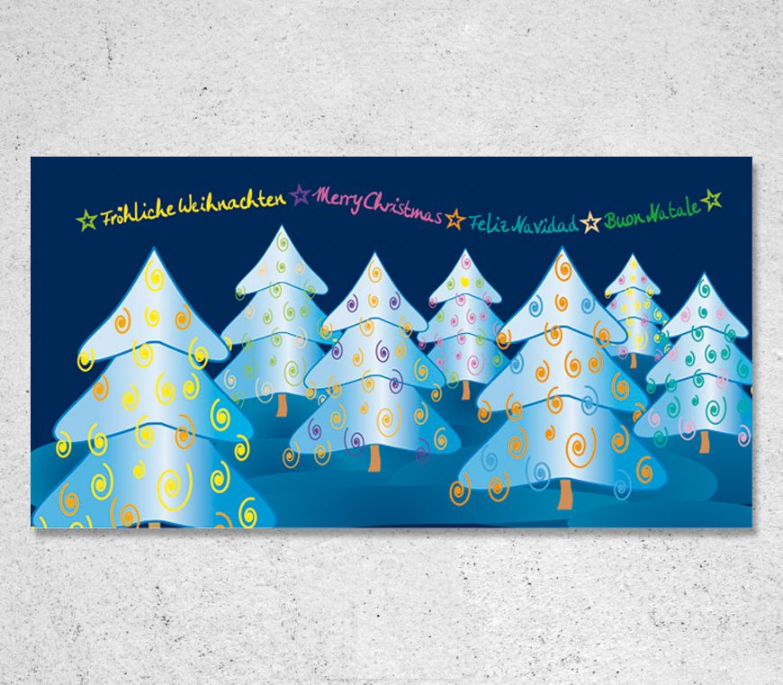 Weihnachtskarte "Abstrakte Grüße" in Querformat mit blauem Hintergrund bei Schuler Werbemittel
