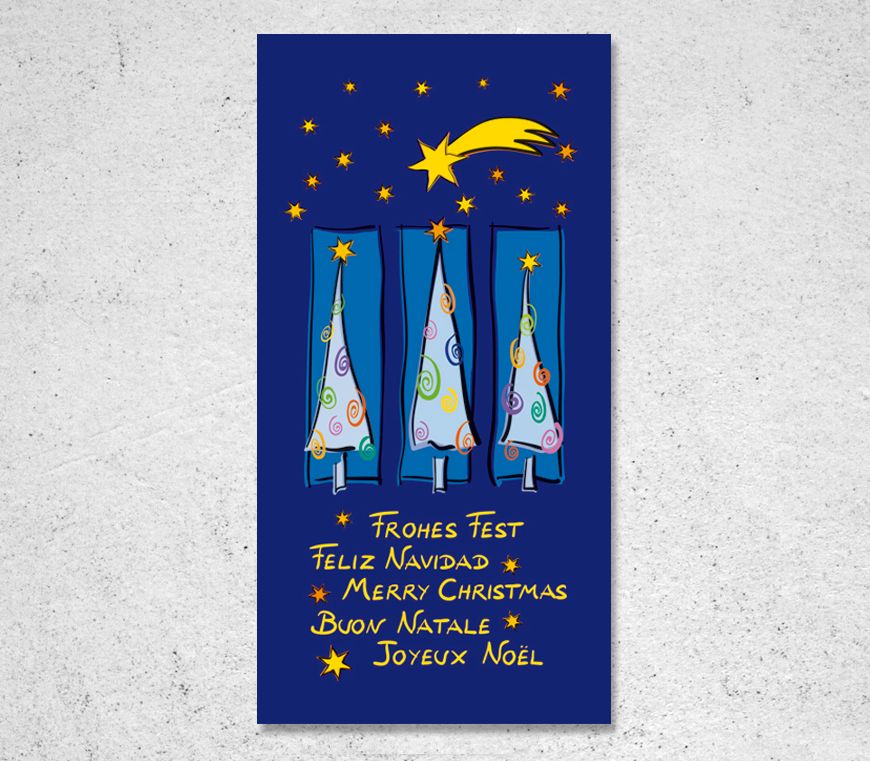 Weihnachtskarte "Modern Tree" im Hochformat mit blauem Hintergrund bei Schuler Werbemittel