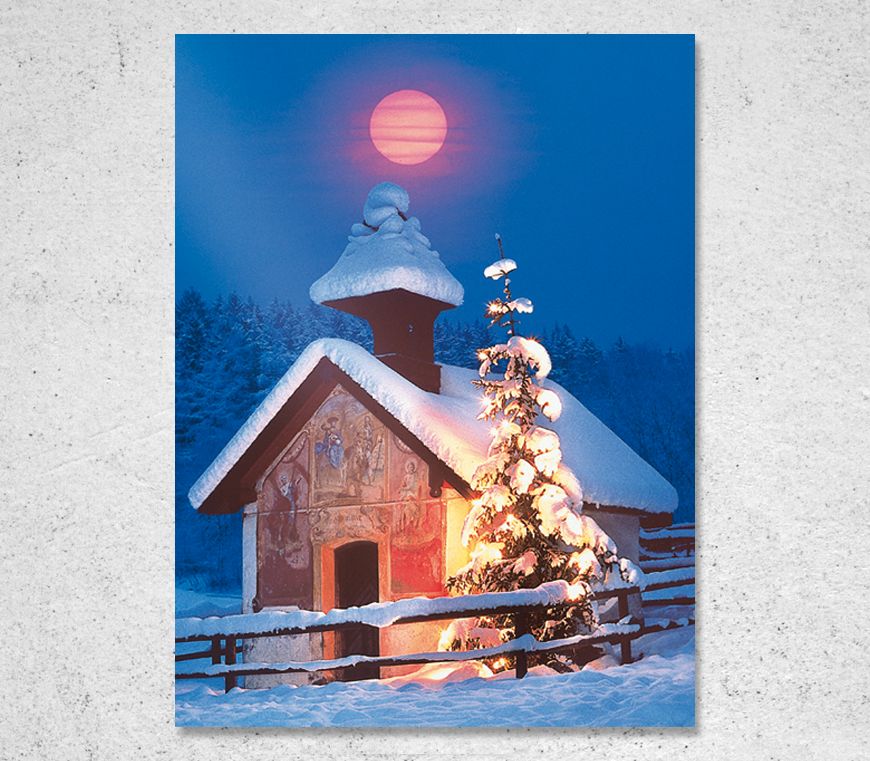 Weihnachtskarte "Kapelle in Mittenwald" mit Fotomotiv im Hochformat bei Schuler Werbeartikel