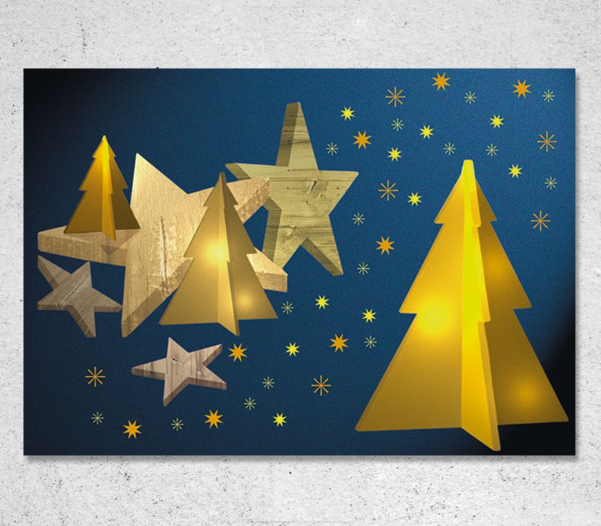 Weihnachtskarte "Leuchtender Tannenbaum" mit Motiven aus Holz bei Schuler Werbeartikel