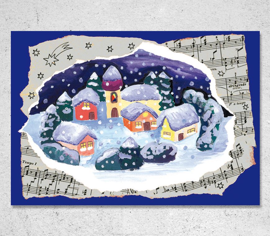 Weihnachtskarte "Dorf im Schnee" im Querformat zum Aufklappen bei Schuler Werbeartikel