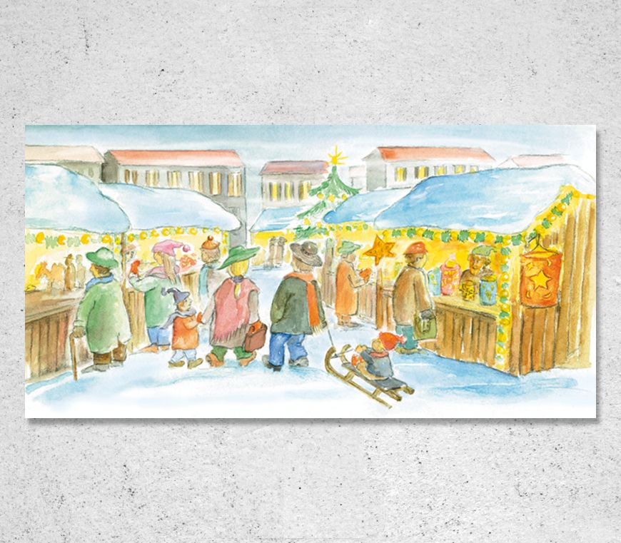 Klappkarte "Christkindlmarkt" im Querformat mit gemaltem Motiv bei Schuler Werbeartikel
