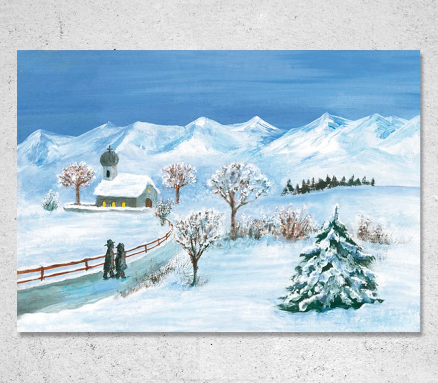 Klappkarte "Weihnacht im Gebirge" im Querformat mit gemaltem Motiv bei Schuler Werbeartikel