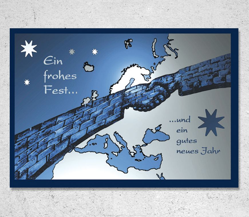 Weihnachtskarte "Über Grenzen hinweg" in aufklappbarem Querformat bei Schuler Werbeartikel