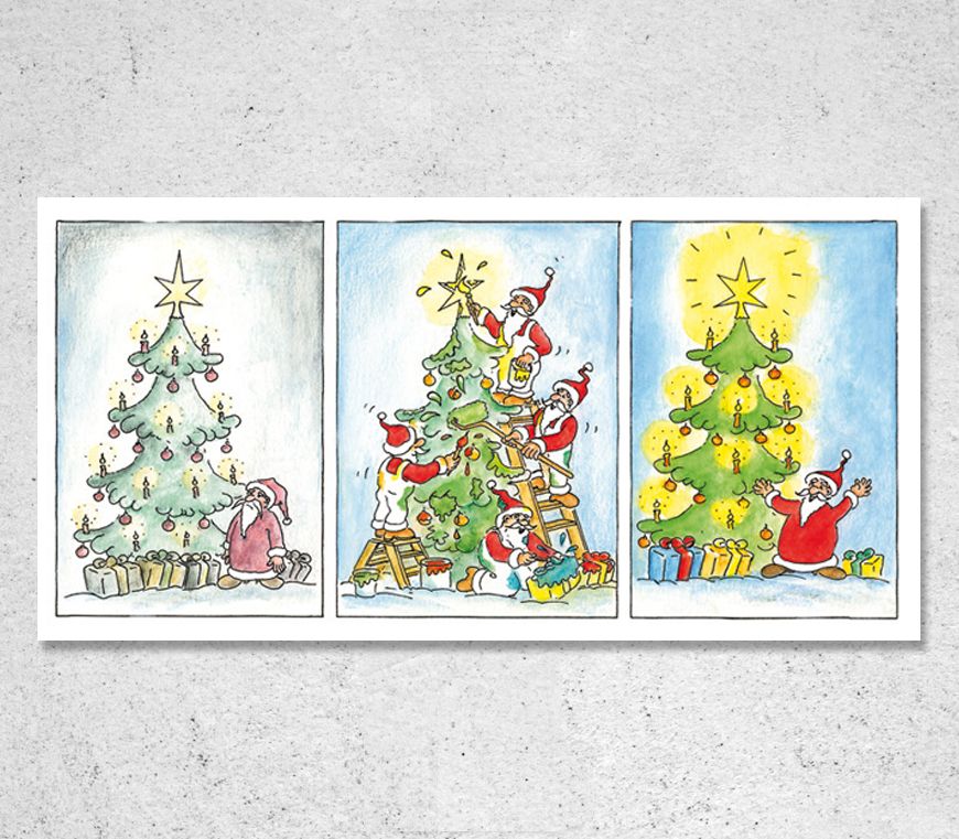 Weihnachtskarte "Im neuen Glanz" in aufklappbarem Querformat mit Cartoon-Motiv bei Schuler Werbepräsente