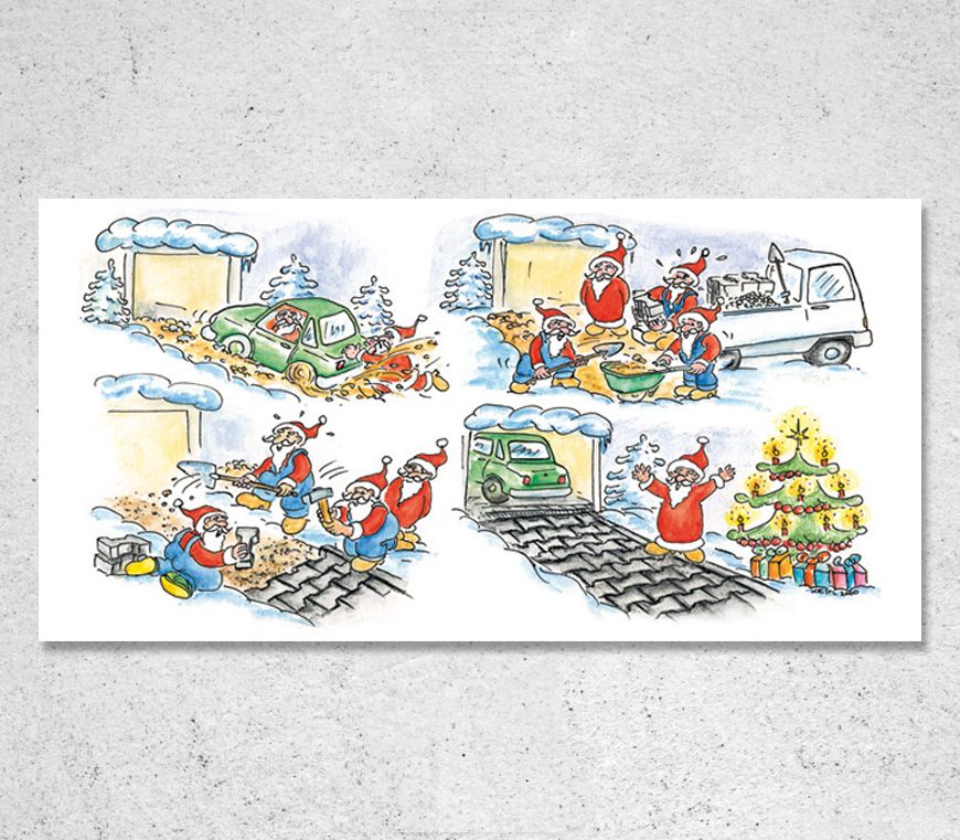 Klappkarte "Die Garageneinfahrt" im Querformat mit Cartoon-Motiv bei Schuler Werbepräsente